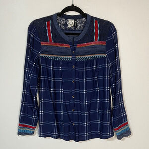 Anthropologie Blouse Women's Size 2 Blue Button Up Embroidered Laser Cut Boho